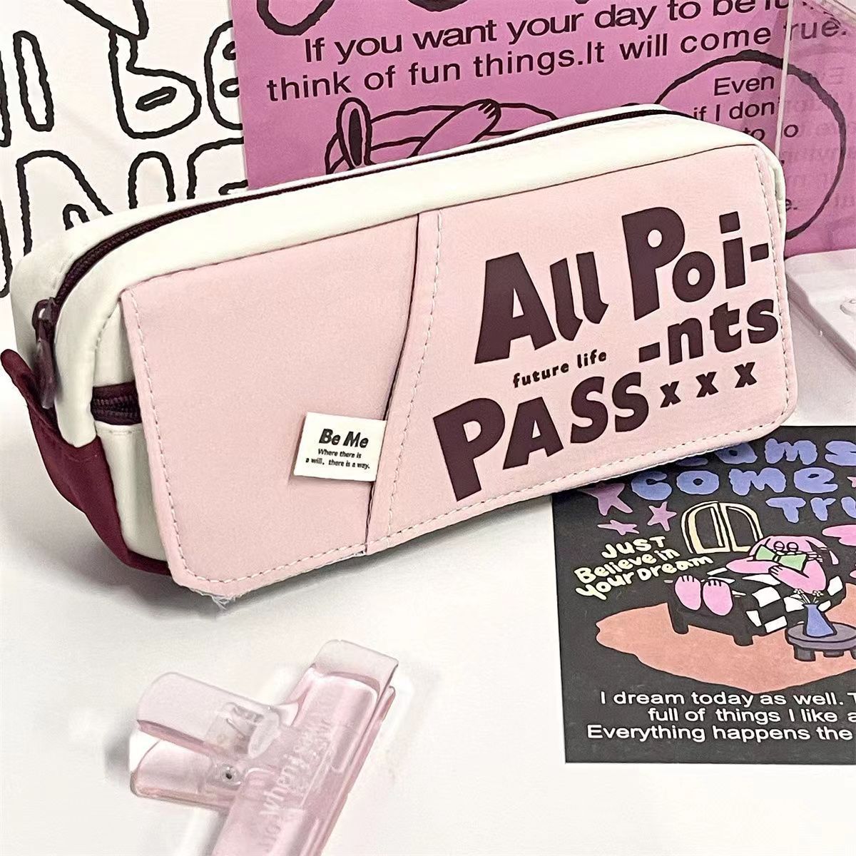 

1 шт., милый пенал в американском стиле для детей, черный, розовый цвет, кавайная сумка-карандаш, большая вместительная холщовая сумка для хранения канцелярских принадлежностей розовый