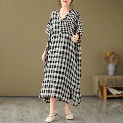 Women Short Sleeve Oversized Cotton Linen Vintage Plaid Dresses for Women Casual Loose Long Summer Dress Elegant Clothing