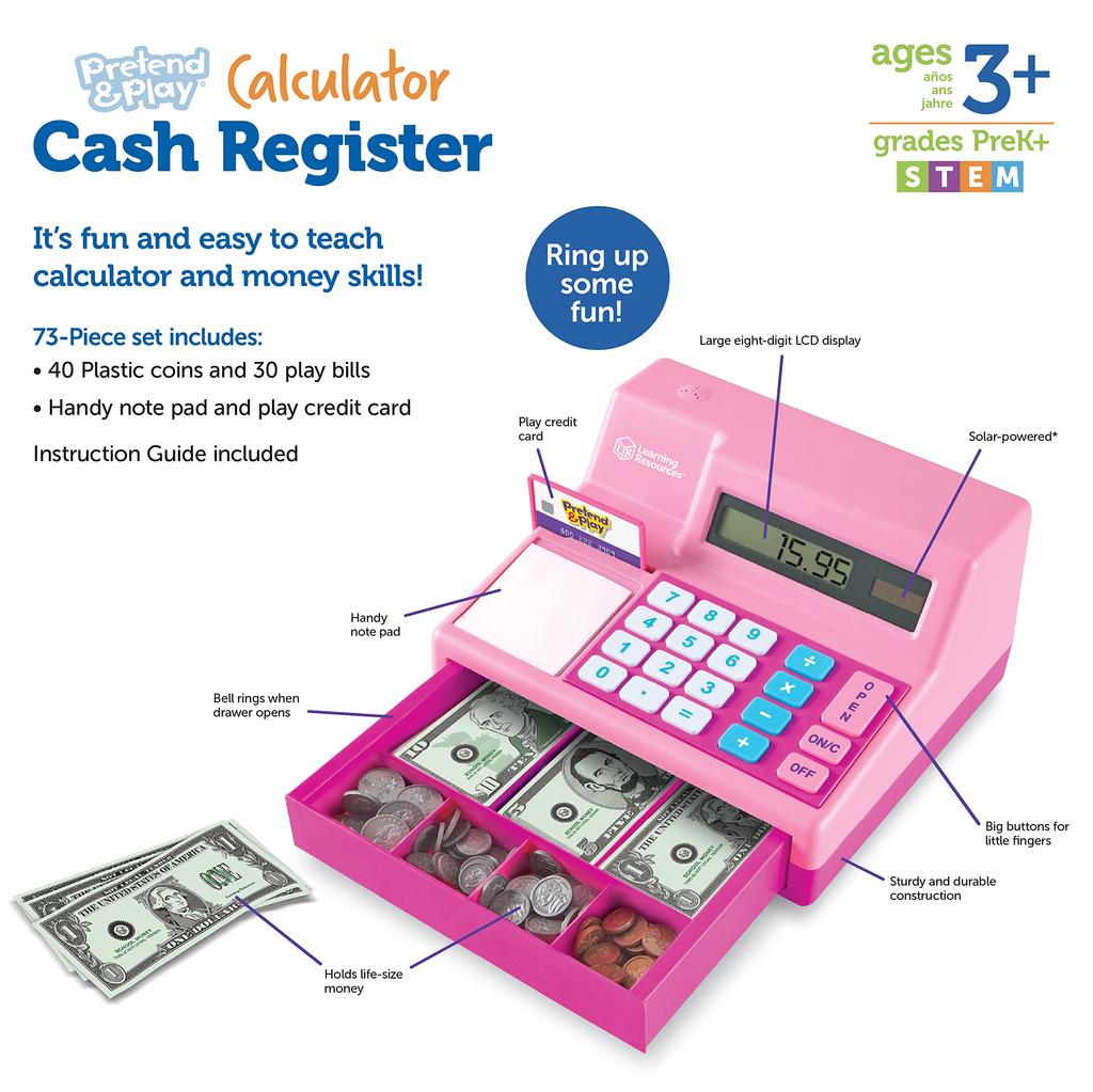 Learning Resources Toy Cash Register Pink with US Dollar LER2629P Genuine Product