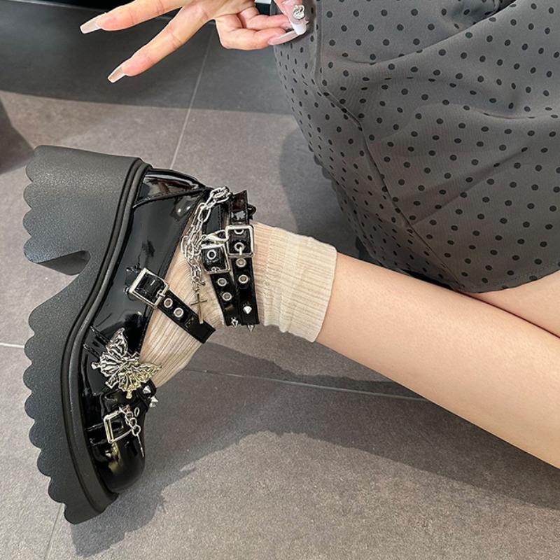 Square Heel Shoes Summer New Round Head Shallow Mouth Metal Buckle Rivets Waterproof Platform Non-slip High Heels