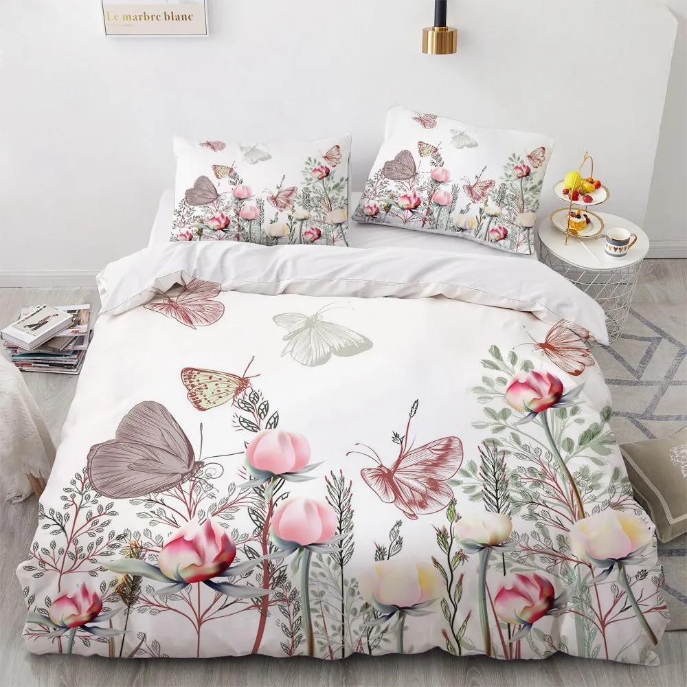 Flower Bird King Queen Duvet Cover Colorful Tropical Floral Bedding Set For Women Watercolor Plant 23Pcs Polyester Quilt Cover