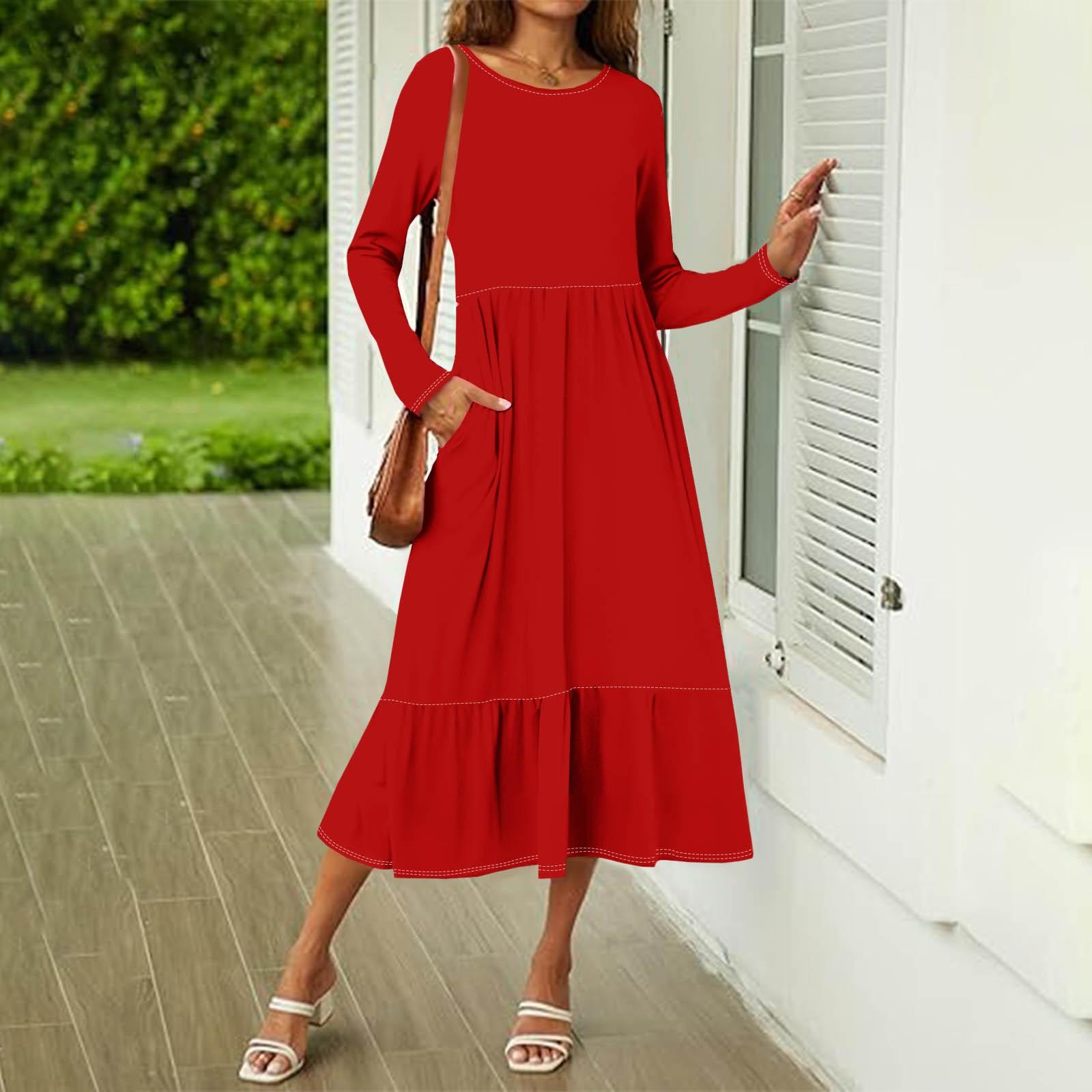 

Женские однотонные повседневные платья с карманами на весну с круглым вырезом и длинными рукавами XXL красный