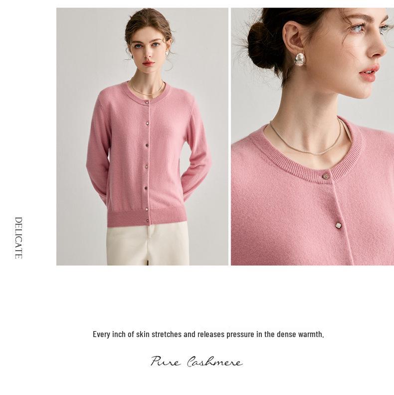 Women's 100% Pure Cashmere Round Neck Knit Cardigan - Loose, Versatile, Solid Color, Long Sleeve, Warm Autumn/Winter Outerwear