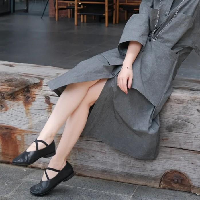 Sheepskin Version~ Round Head Cross Strap Flat-bottomed Ballet Shoes Retro Black Single Shoes Women's Shallow Mouth Mary Jane Small Leather Shoes