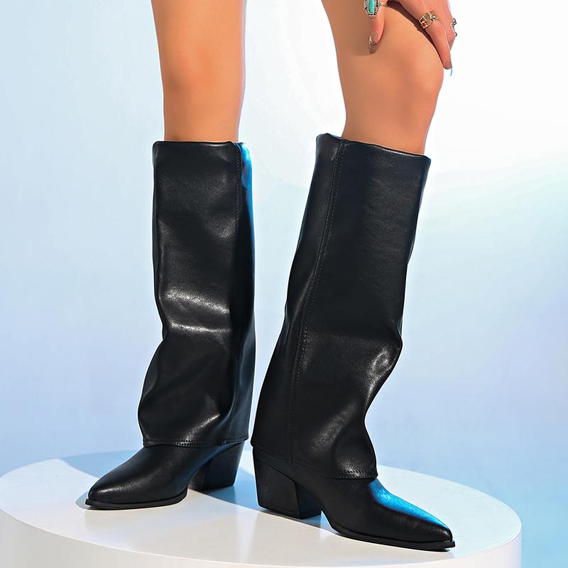 Fashion Elegant Knee High Chelsea Boots for Women Pointed Toe Chunky High Heels Shoes Woman Autumn Winter Fashion Long Boots Plus Size