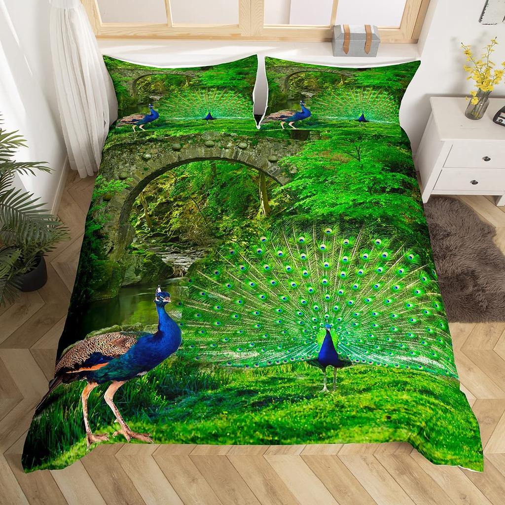 Peacock Feather Print Duvet Cover Bird Feathers Element Bedding Set Ultra Psychedelic Swirl Comforter Cover Colorful Bedclothes