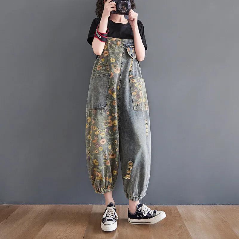 Salopette in denim con spalline, jeans larghi, tuta da donna, pantaloni larghi oversize, tasche grandi, stampa floreale