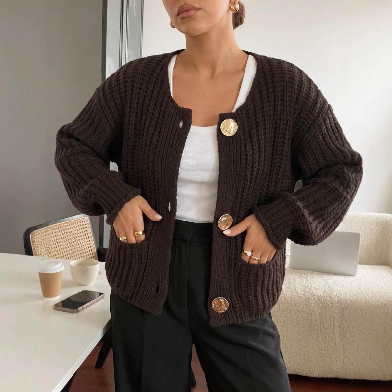 Women S Knitted Cardigan Round Neck Long Sleeve Button Front Lazy Style Sweater Coat