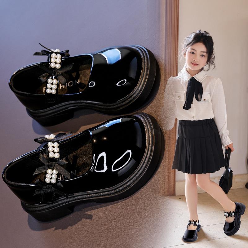 Girls Leather Shoes 2025 Autumn New Pearl Bow Foreign Style Single Shoes Girls Princess Shoes Black Performance Shoes Tide