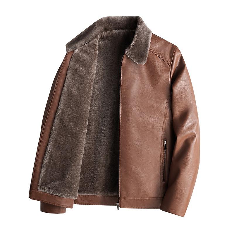 Thickened Fleece Leather Jacket Leather Men's Leather Jacket Autumn and Winter Locomotive Clothes Solid Color Loose Lapel Jacket Men