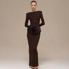 European and American Light and Mature Style Autumn Temperament New Solid Color Round Neck Pleated Dress Sexy Tight Hanging Down Feeling Long Dres