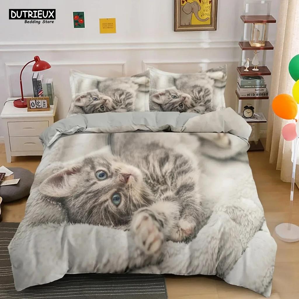 Comforter Cute Baby Cat White Black Kitten Bedding Set 3D Printed Suitable For Bedroom Kids Home Textile