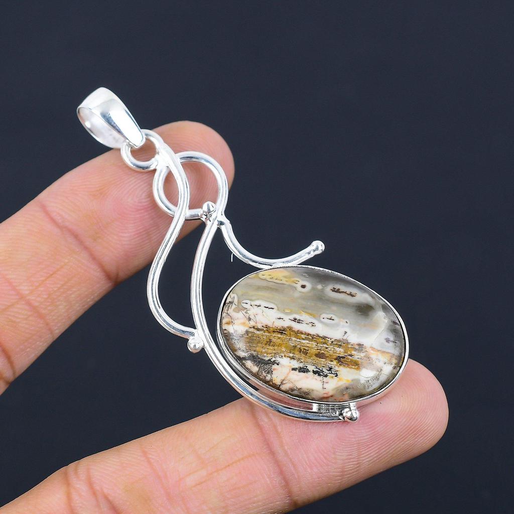 925 Sterling Silver Porcelain Jasper Stone Sister Bezel Wedding Pendant Jewelry