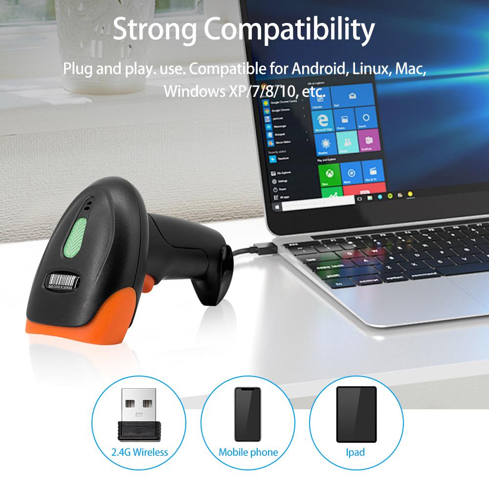 Handheld 1D2DQR Barcode Scanner BT+2.4G Wireless USB Wired Bar Code Reader Manual  Continuous