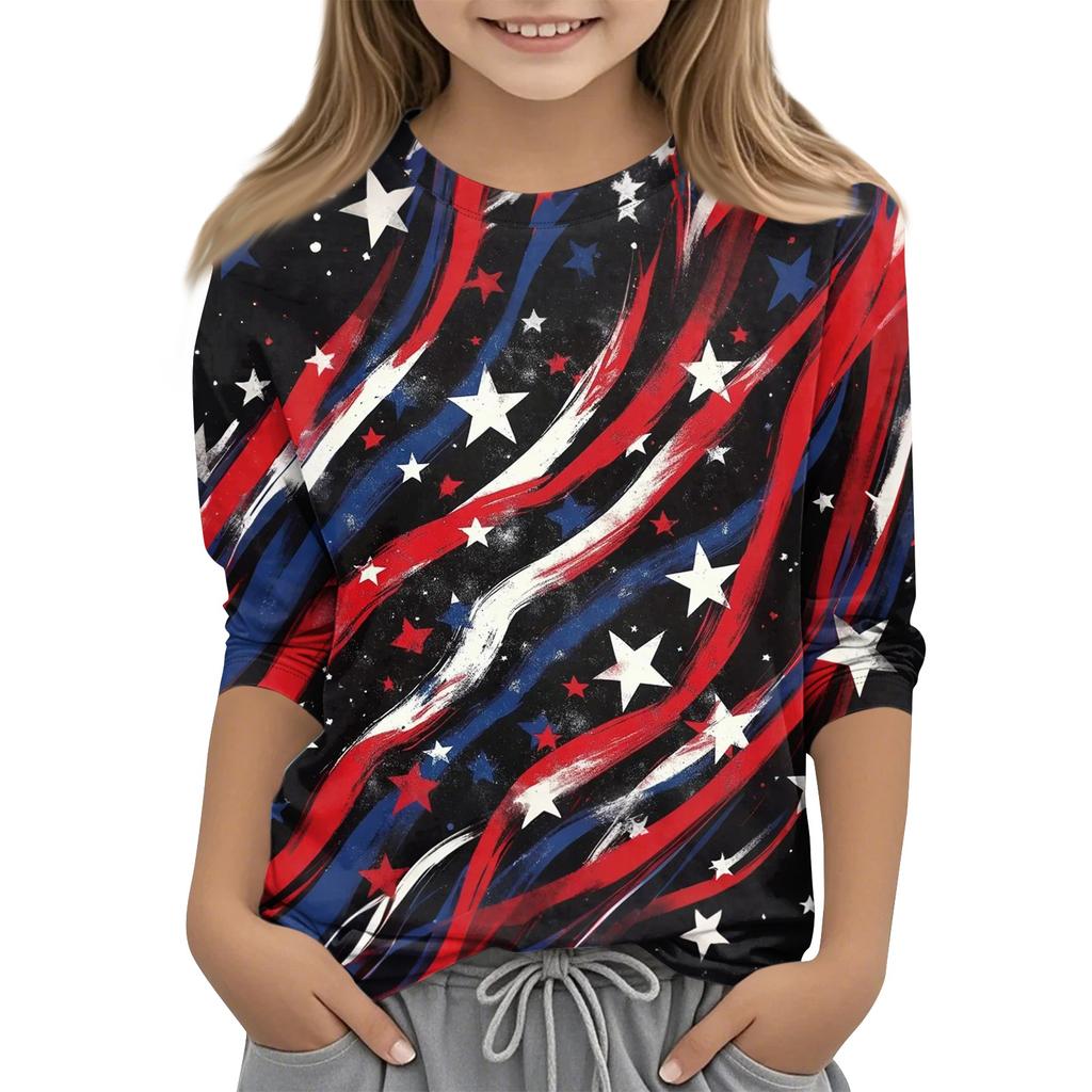 Children's 3/4 Sleeve Tops Casual Print T Shirt Round Neck Pullover Blouse