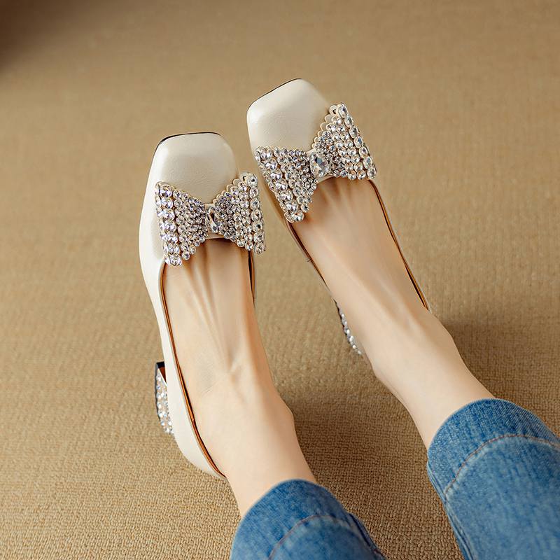Krazing Pot Cow Skin Summer Size 40 Med Heels Crystal Butterfly-knot Decoration Square Toe Diamond Heels Gladiator Pumps