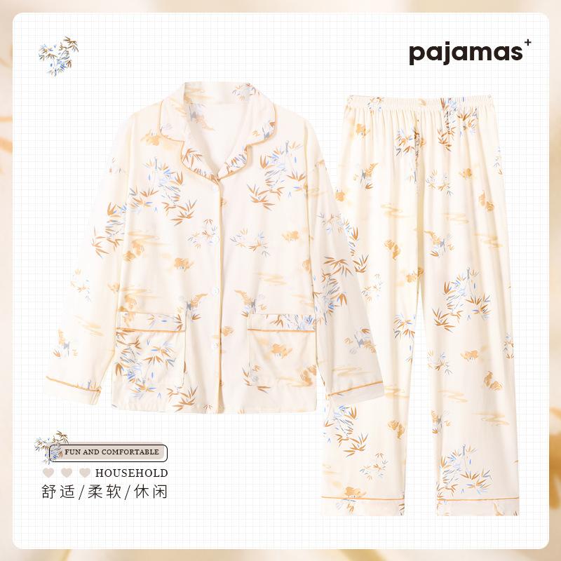 Spring and Autumn New Floral Double Pocket Imitation Cotton Pajamas Loose Large Size Mother Loungewear Long Sleeves Trousers Set