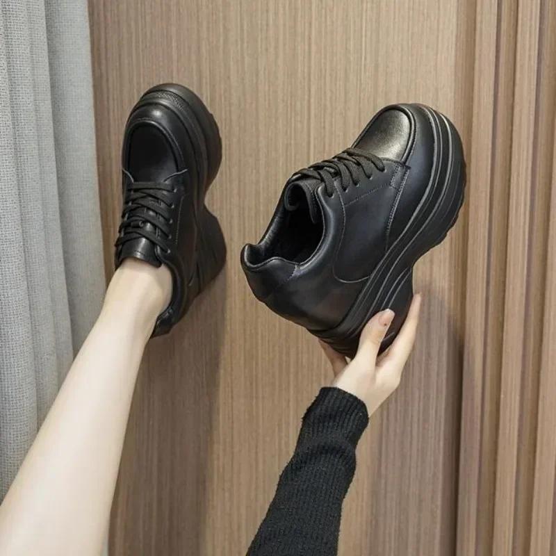 Fashion New Women Sneakers Genuine Leather Casual Platform Trainers Black Shoe 11CM Heels Autumn Wedges Woman Height Increasing Shoes