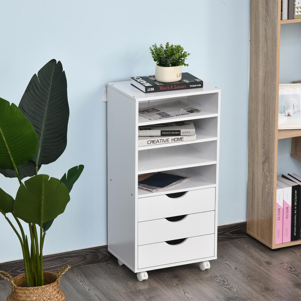 Office Drawer Unit, 3 Drawers, 4 Open Shelves, Wheels, 38 x 40 x 86.8 cm, White