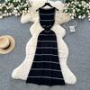 Summer Women Casual Black Sleeveless Striped Long Maxi Knitted Sweater Dresses