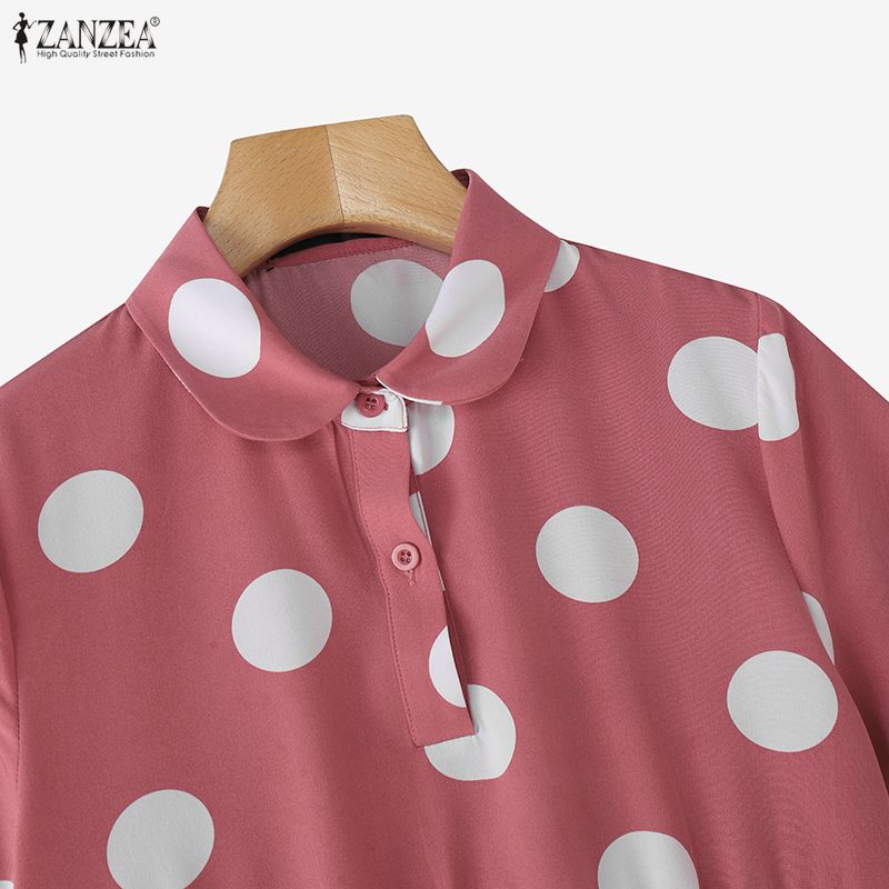 ZANZEA Damen Klassischer Kragen Sommer Lässig Tupfenmuster Kurzarm Bluse