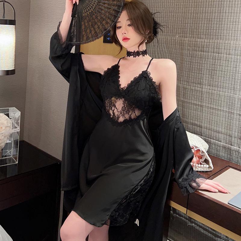 Sexy Pajamas Women's Ice Silk Suspender Nightdress Beautiful Back Lace Backless Pure Desire High-end Nightdress Two-piece Set Summer