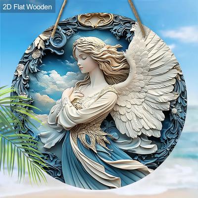 Magnifique Panneau en Bois Ange - Ornement Rond Artistique Ange pour Décoration Murale de Porte d'Entrée