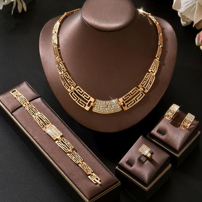 Foreign Trade Hot Selling Light Luxury Jewelry Alloy Jewelry Set Full Diamond Necklace Earrings Ring Bracelet Four Piece Set