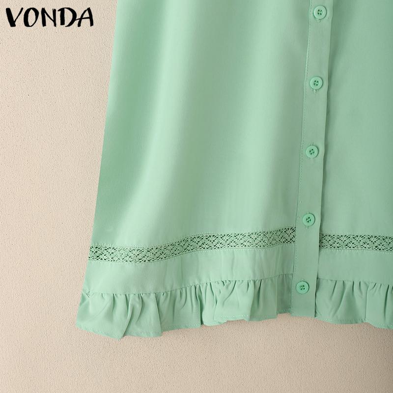 VONDA Women Doll Collar Sleeveless Ruffled Hem Button Down Crochet Casual Tank Tops