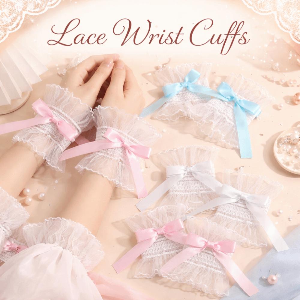 Y2K Bow Lace Wrist Sleeves Pleated Ruched Fake Flared Sleeves Sweet False Cuffs Cosplay Party
