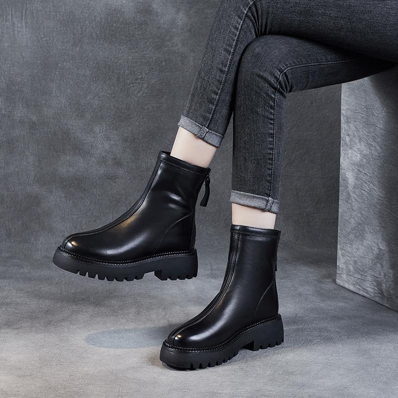 Plattform Martin-kängor i läder 2025 höst och vinter damskor dragkedja bak korta kängor dam-Maillard-kängor dam-