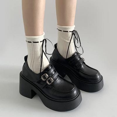 Zwarte platform schoenen met hoge hakken, kleine leren schoenen voor dames, nieuwe herfst, Franse veelzijdige retro verhogende schoenen