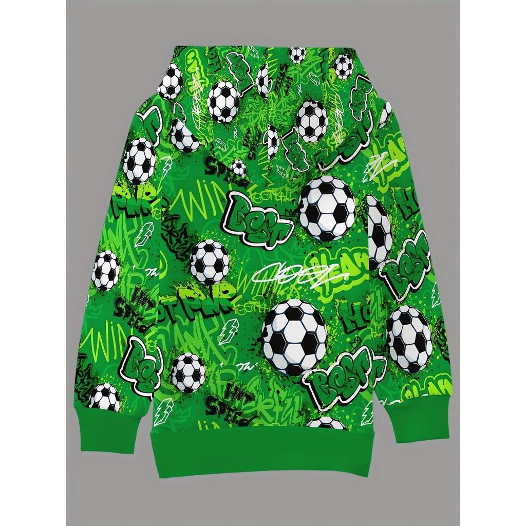 Boys' Colorful Green Football Pattern Hoodie, Birthday Gift for Autumn and Winter Daily Wear, Soft Hoodie