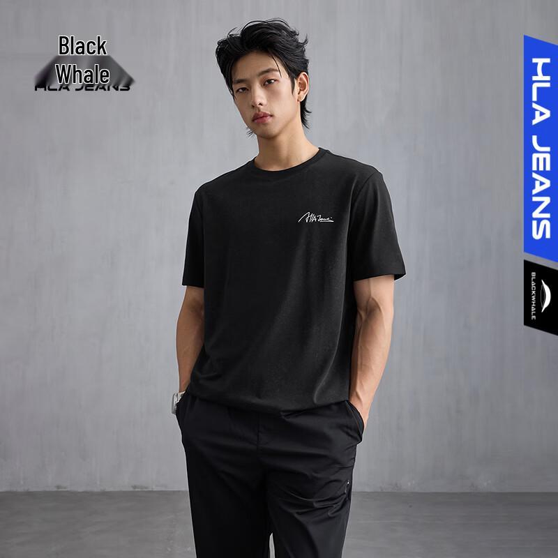 HLA Black Whale Men s Small Letter Print Round Neck Short Sleeve T-Shirt L