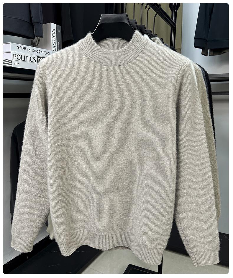 Men's High Neck Solid Color Thick Knit Sweater - Velvet Warm Base Layer for Autumn/Winter