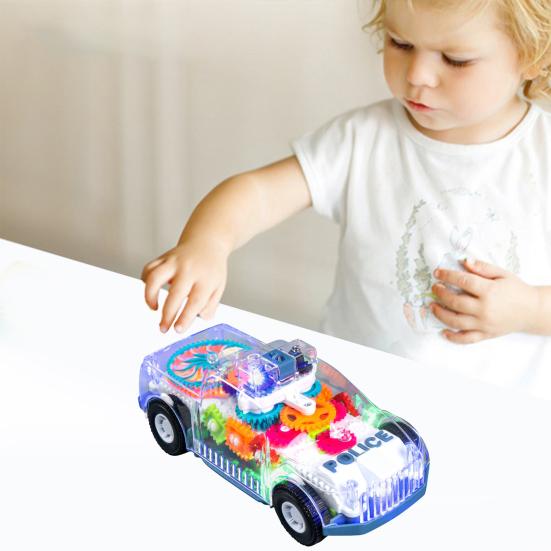 Light Up Toy Car with Universal Wheels Transparent Car Model with Colorful LED Lights Spinning Gears Music Mini Car Sensory Toys for Boys 3+