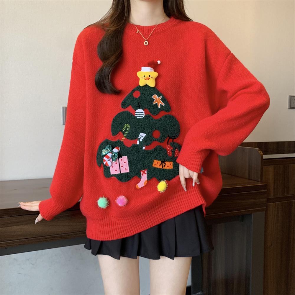 Women's Red Christmas Pullover Sweater - Casual Round Neck Knitwear for Autumn/Winter 2025