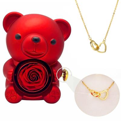 [Drawelry] Personalized Heart Necklace with Genuine Rose Bear Jewelry Box, Preserved Eternal Rose Hug Bear Gift Set, Heart Necklace Bear Box