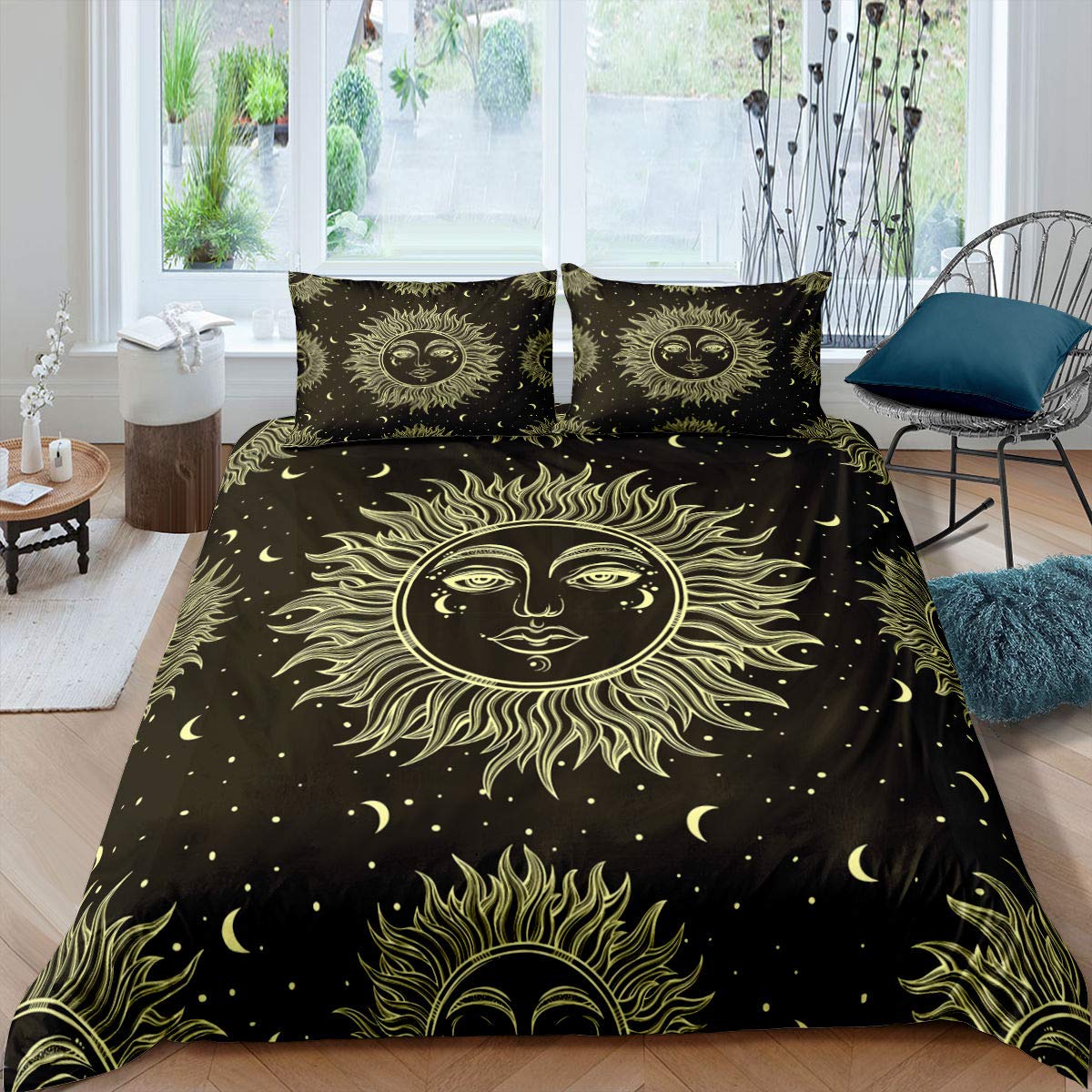 

Sun Duvet Cover Colorful Mushrooms Bedding Burning Sun Comforter Cover Halloween Skull Hippie Style Bedding Bedroom Decoration EU Single(135*200cm)3pcs