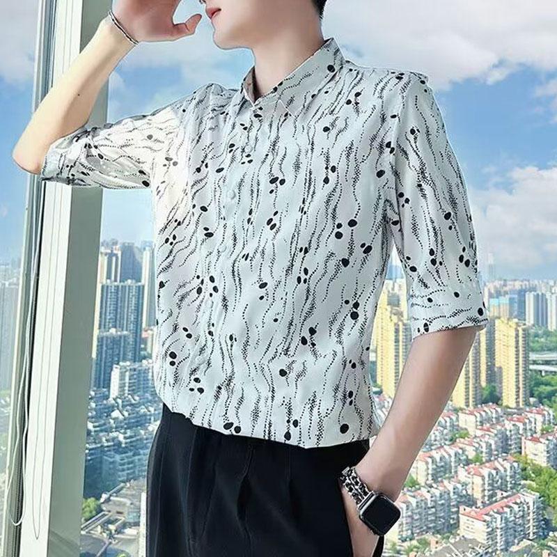 

Fashion Printed Casual Shirts Summer New Young Style Half Sleeve Men s Clothing Turn-down Collar Vintage Single-breasted Shirts L білий