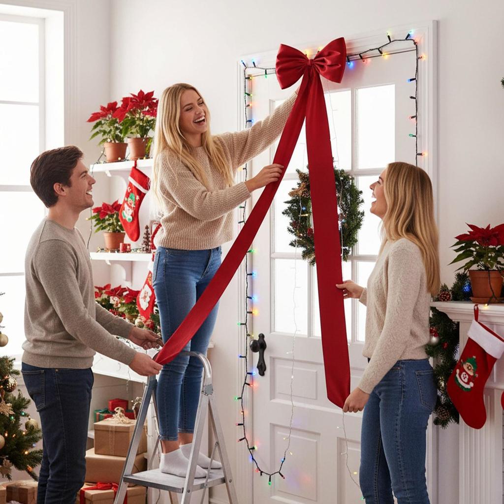Christmas Tree Bow Large Festive Ornaments Red Christmas Tree Topper For Entryway Wall Display Party Mantel Photo Backdrop