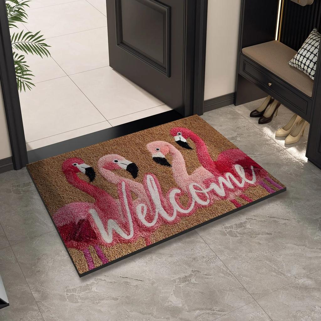Welcome Flamingo Doormat: Washable Indoor Outdoor Entrance Carpet Rug Home Decoration Floor Mat for Front Door Hallway Bathroom