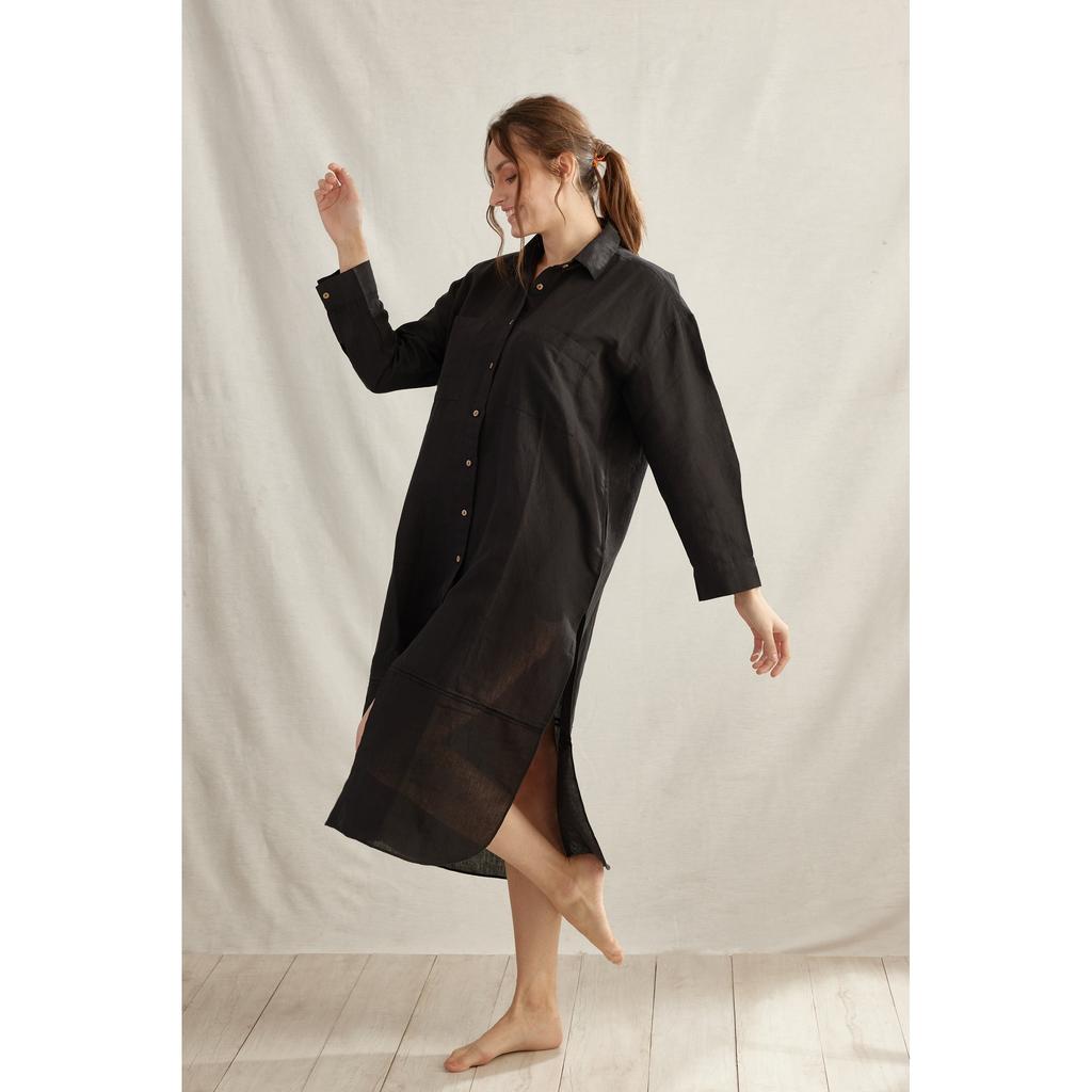 Vestido Camisa de Lino Plisado para Mujer Casual Largo Cuello Solapa