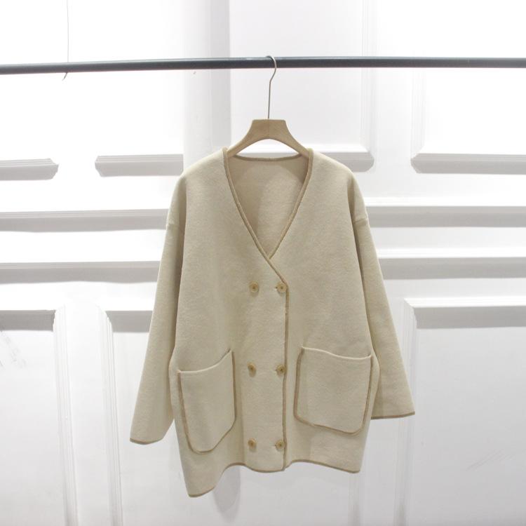 Korean V-Neck Loose Double-Breasted Color Block Knit Cardigan