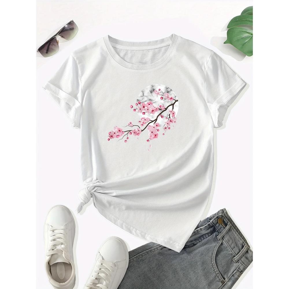 Moon Plum Blossom Landscape Floral Print Crew Neck T-Shirt Casual Short Sleeve T-Shirt For Women's Clothing
