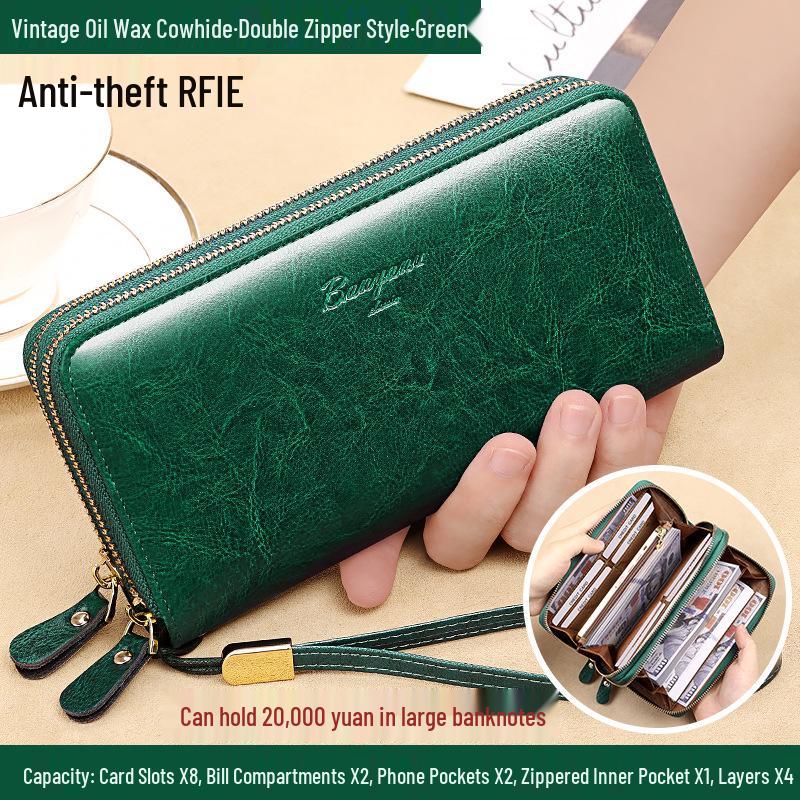 

Women s Genuine Leather Double Zipper Long Wallet and Card Holder – Large Capacity, New 2025 Style.