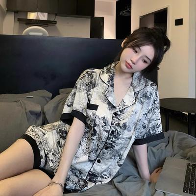 Sommer Damen Tuschemalerei Eisseide Pyjama Hausanzug Mädchen Pyjama Dünne Sektion Freizeitpyjama Sommerkleidung