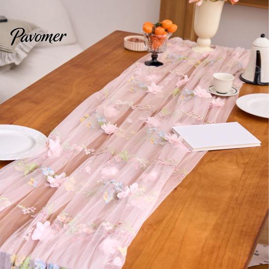 Bridal Shower Table Overlay Lace Embroidery Floral Tablecloth, 3D Flower Tulle Sheer Cover, Seasonal Wrinkle Resistant Tablecloth Colorful Cloth