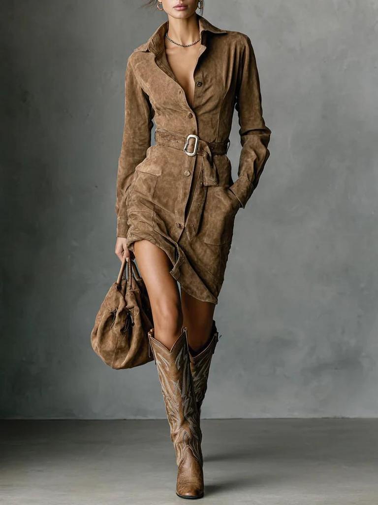 2025 Autumn Suede Velvet Long Sleeve Lapel Shirt Dress with Belt