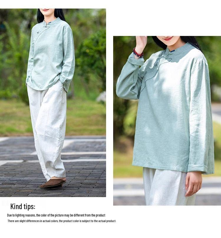 Damen Retro Baumwolle & Leinen Langarmhemd - Stehkragen, Schräge Revers, Geknöpft, Lockere Passform für Frühling, Sommer & Herbst